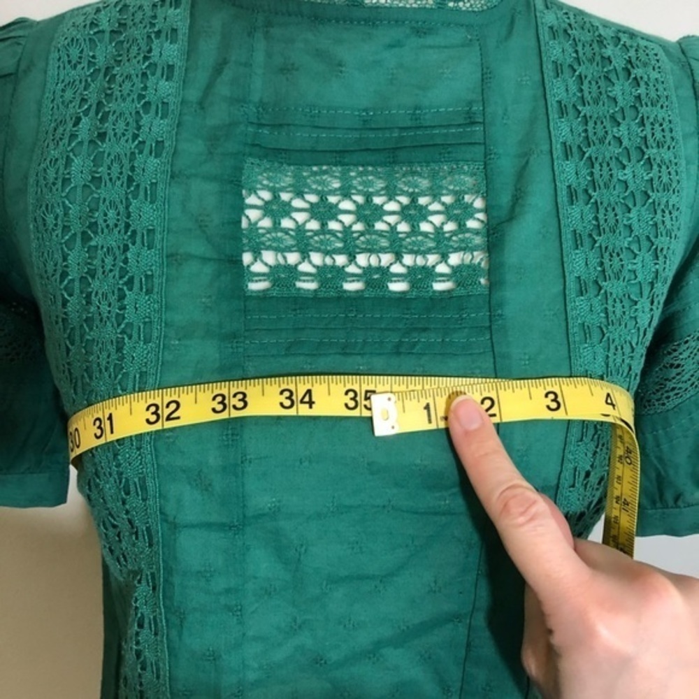 NWOT Teal Green Crochet Trim High Neck Peasant Top Blouse Puff Sleeve New - Picture 6 of 11
